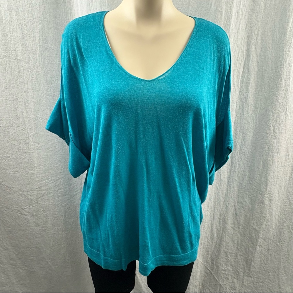 Cassis Linen Blend Turquoise V-Neck T-Shirt with Short Sleeves M